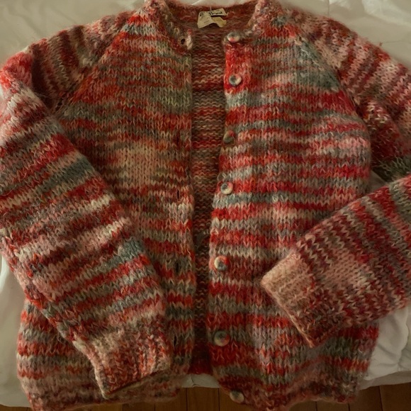 unknown Sweaters - Vintage Multicolor Fuzzy Striped Cardigan - Coral, Pink, Cream, Gray